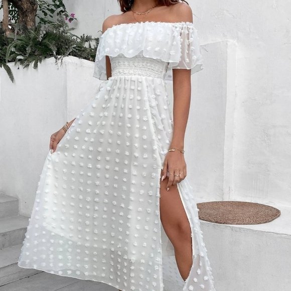 White Boho Womens Swiss Dot Off Shoulder Ruffle Trim Split Thigh Dress - Picture 4 of 5